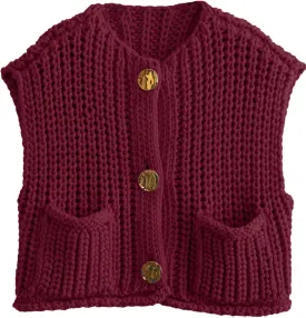 Women's Sleeveless Chunky Knit Top Casual Cropped Button Down Sweater Vest Open Front Cardigan with Pockets