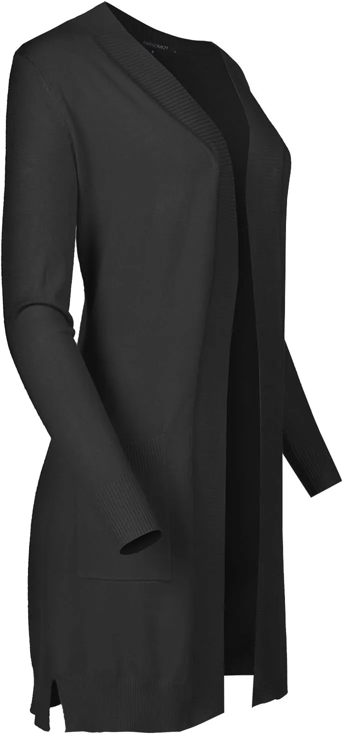 Women's Solid Soft Stretch Long-line Long Sleeve Open Front Knit Cardigan