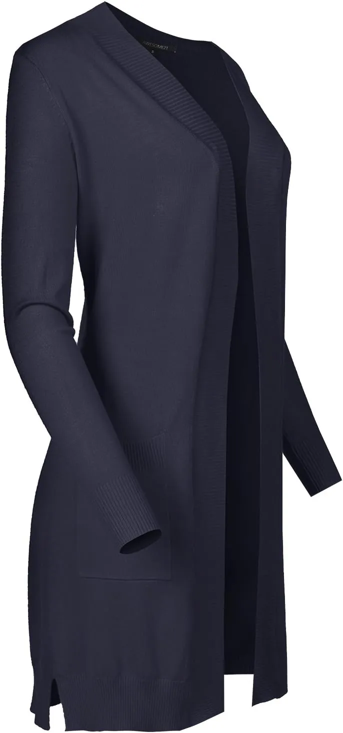 Women's Solid Soft Stretch Long-line Long Sleeve Open Front Knit Cardigan