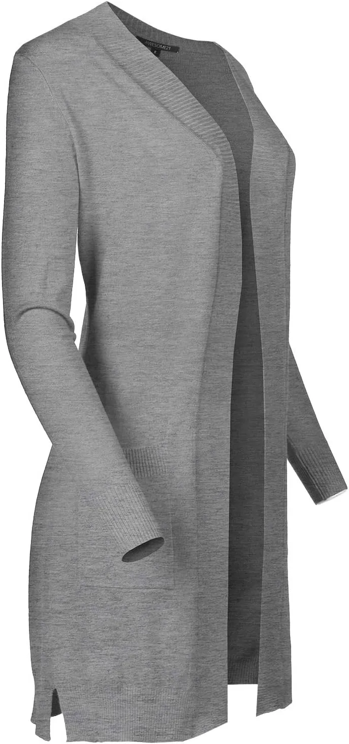 Women's Solid Soft Stretch Long-line Long Sleeve Open Front Knit Cardigan