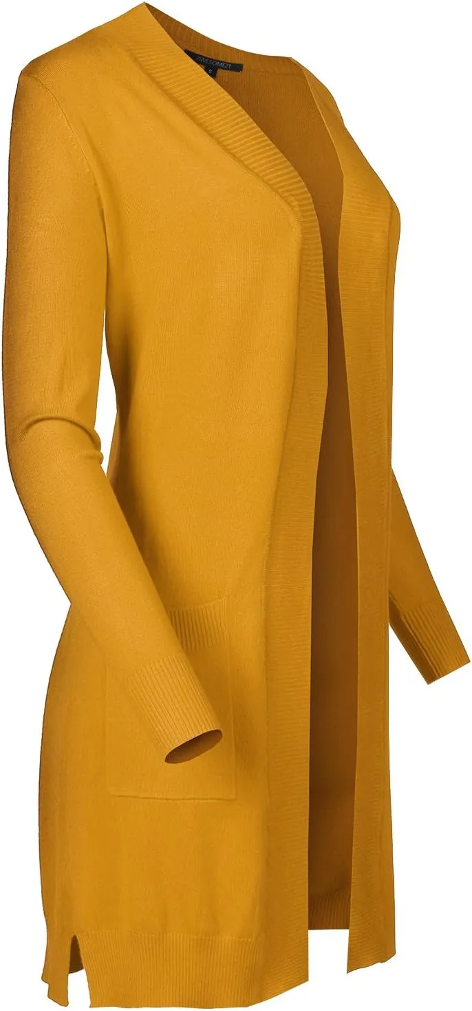 Women's Solid Soft Stretch Long-line Long Sleeve Open Front Knit Cardigan