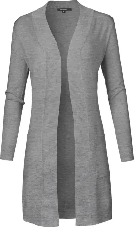 Women's Solid Soft Stretch Long-line Long Sleeve Open Front Knit Cardigan
