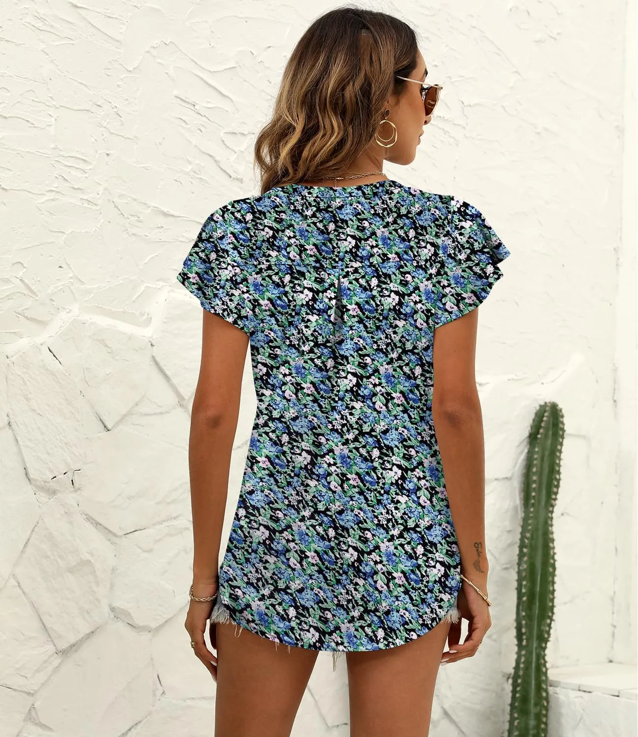 Women's Summer Tops Ruffle Sleeve V Neck Tunic Shirts Business Casual Flowy Blouses for Women