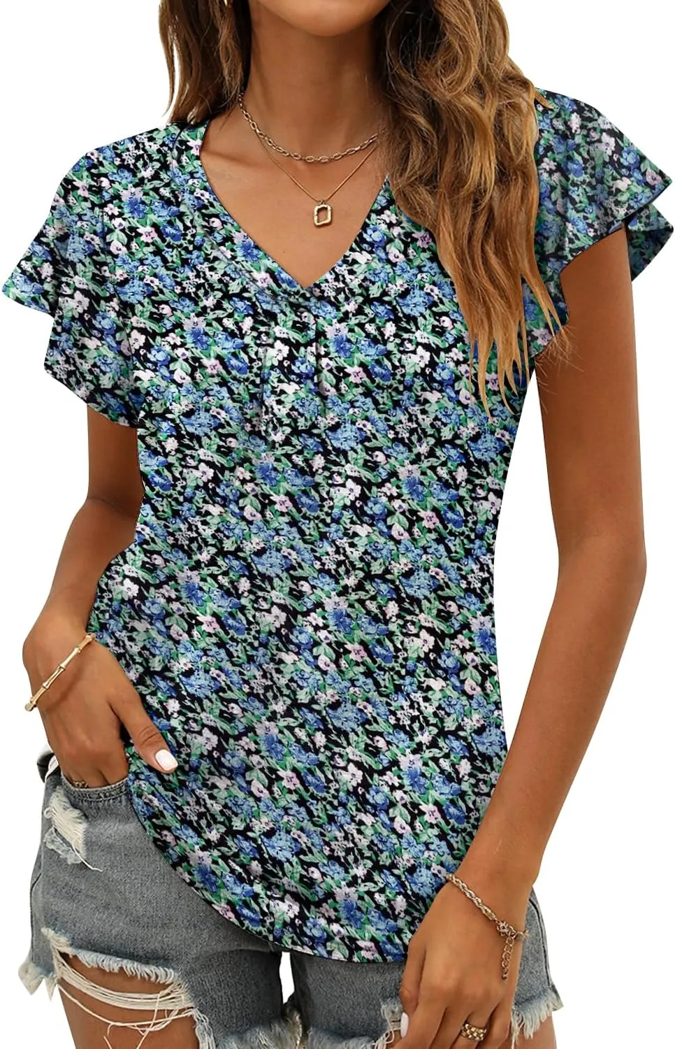Women's Summer Tops Ruffle Sleeve V Neck Tunic Shirts Business Casual Flowy Blouses for Women