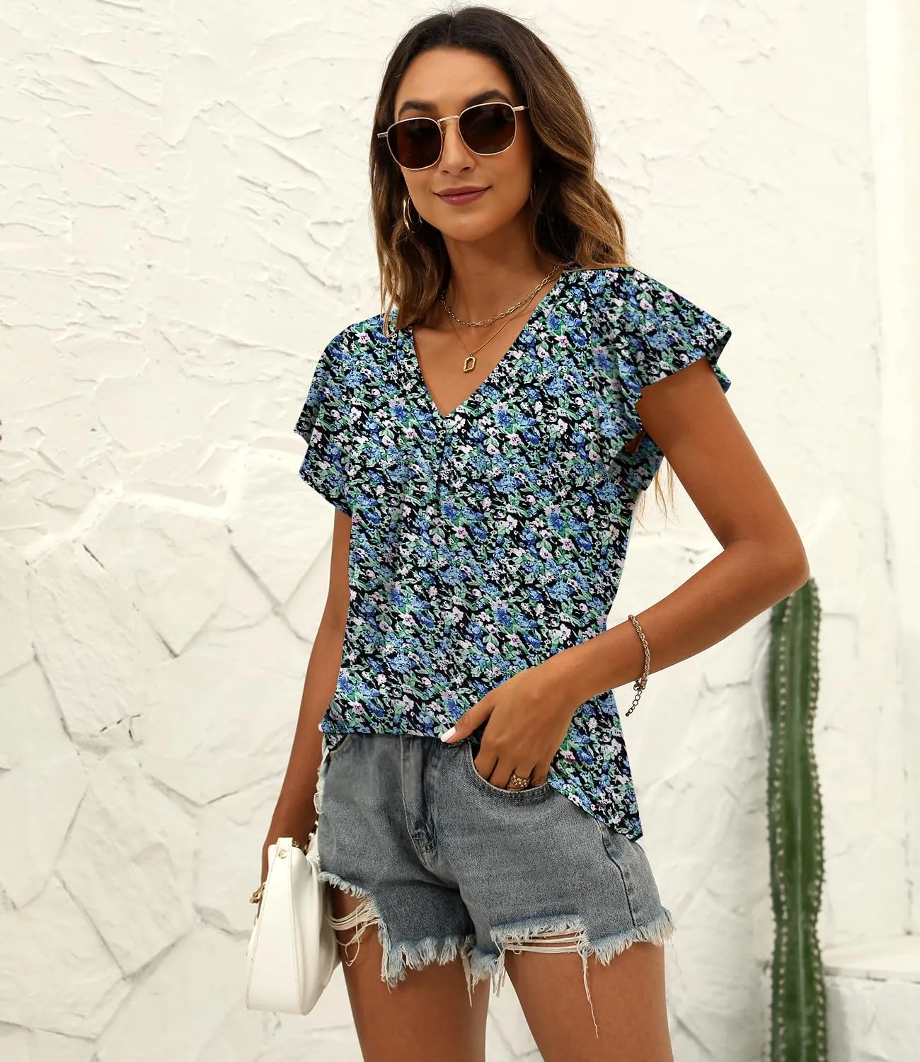 Women's Summer Tops Ruffle Sleeve V Neck Tunic Shirts Business Casual Flowy Blouses for Women