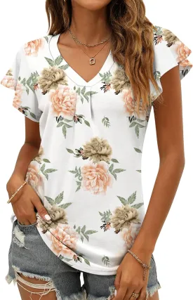 Women's Summer Tops Ruffle Sleeve V Neck Tunic Shirts Business Casual Flowy Blouses for Women