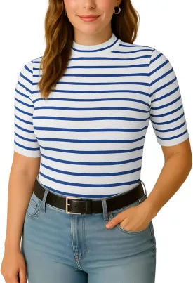 Zengjo Short Sleeve Turtleneck Women Striped T Shirt,Ribbed Mock Neck Top