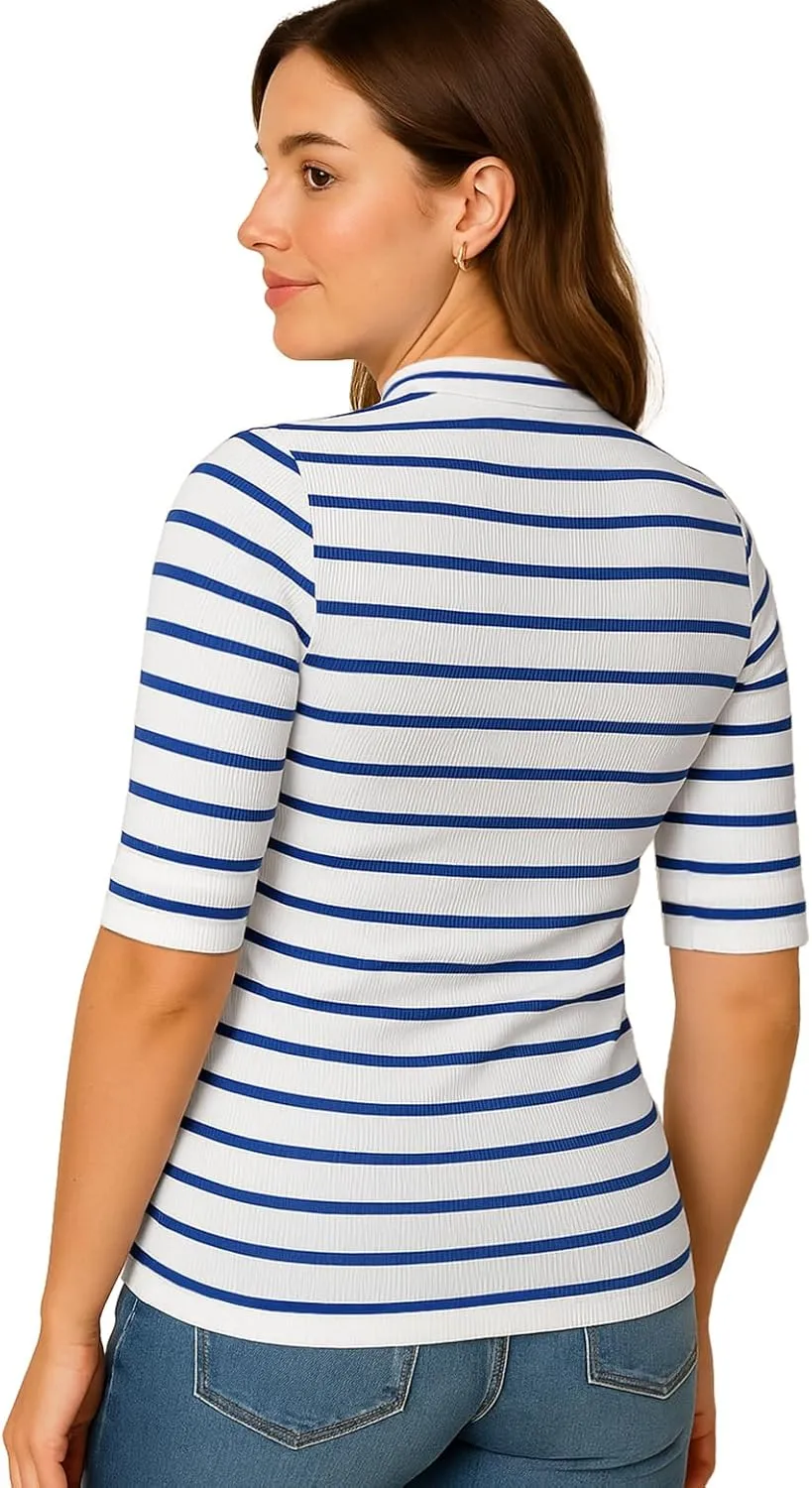 Zengjo Short Sleeve Turtleneck Women Striped T Shirt,Ribbed Mock Neck Top