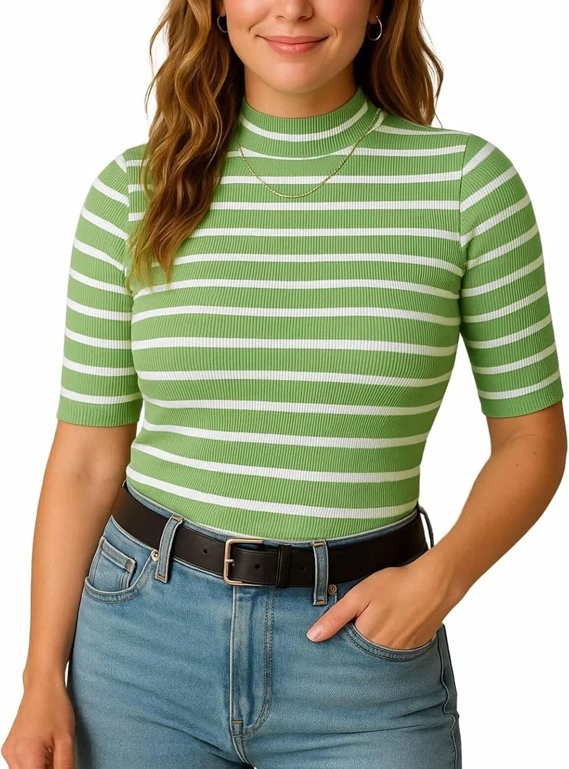 Zengjo Short Sleeve Turtleneck Women Striped T Shirt,Ribbed Mock Neck Top