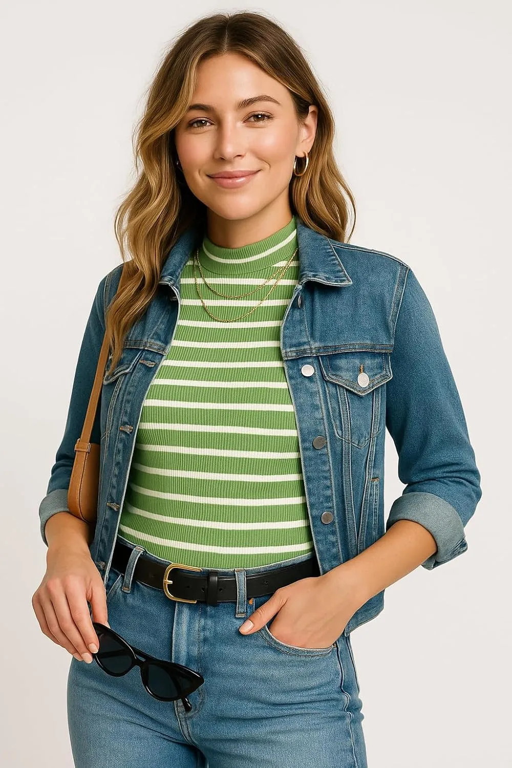 Zengjo Short Sleeve Turtleneck Women Striped T Shirt,Ribbed Mock Neck Top