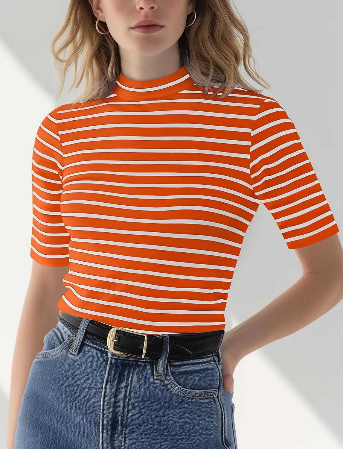 Zengjo Short Sleeve Turtleneck Women Striped T Shirt,Ribbed Mock Neck Top