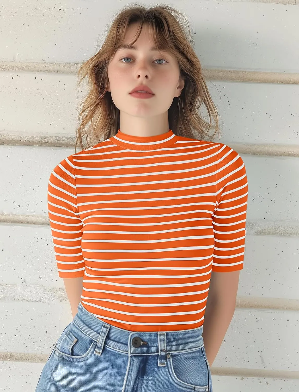 Zengjo Short Sleeve Turtleneck Women Striped T Shirt,Ribbed Mock Neck Top