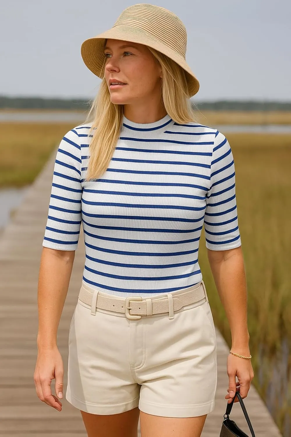 Zengjo Short Sleeve Turtleneck Women Striped T Shirt,Ribbed Mock Neck Top