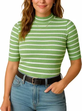 Zengjo Short Sleeve Turtleneck Women Striped T Shirt,Ribbed Mock Neck Top