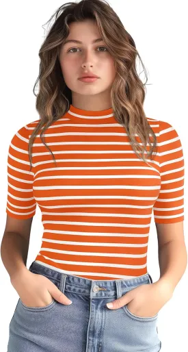 Zengjo Short Sleeve Turtleneck Women Striped T Shirt,Ribbed Mock Neck Top