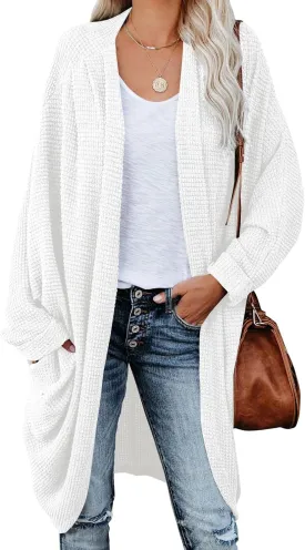 ZoeAce Womens Open Front Knit Cardigan Long Batwing Sleeve Oversized Sweater Chunky Waffle Cable Boho Pockets Coat