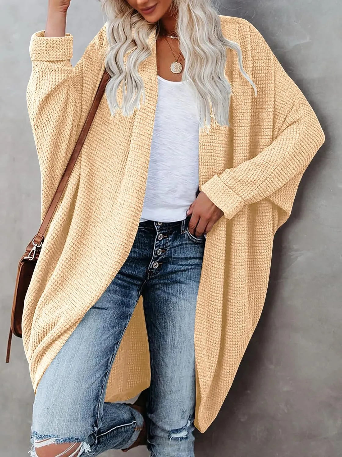 ZoeAce Womens Open Front Knit Cardigan Long Batwing Sleeve Oversized Sweater Chunky Waffle Cable Boho Pockets Coat