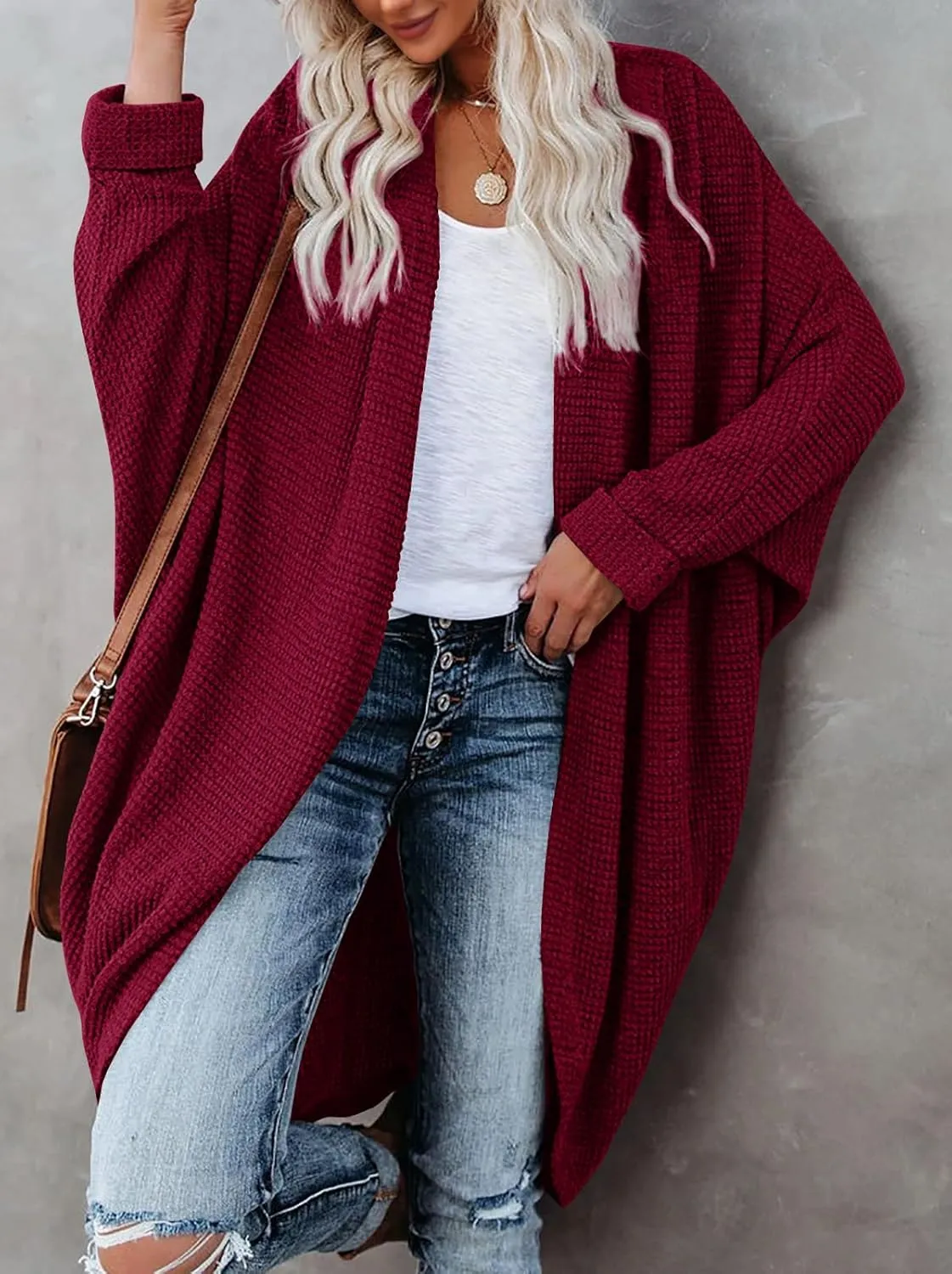 ZoeAce Womens Open Front Knit Cardigan Long Batwing Sleeve Oversized Sweater Chunky Waffle Cable Boho Pockets Coat