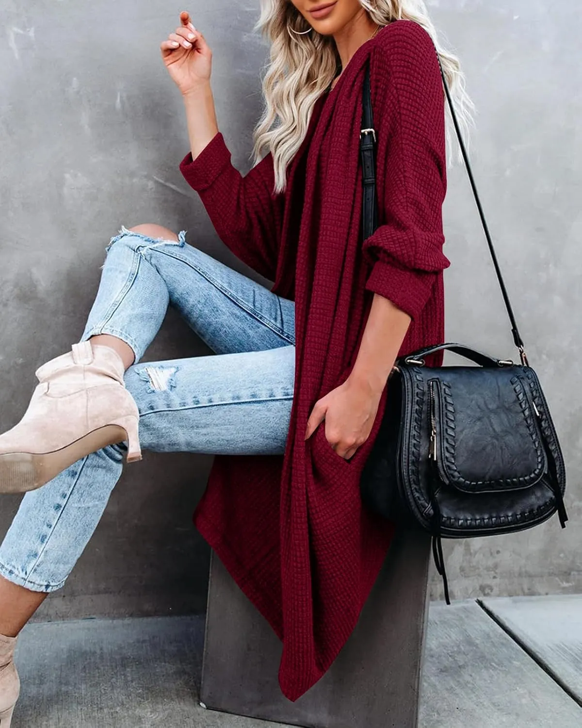 ZoeAce Womens Open Front Knit Cardigan Long Batwing Sleeve Oversized Sweater Chunky Waffle Cable Boho Pockets Coat