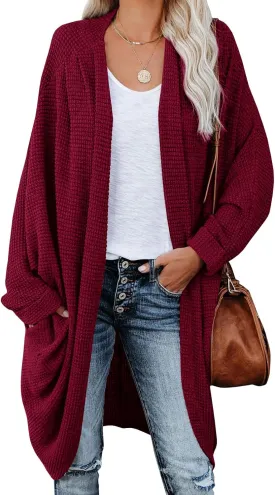 ZoeAce Womens Open Front Knit Cardigan Long Batwing Sleeve Oversized Sweater Chunky Waffle Cable Boho Pockets Coat