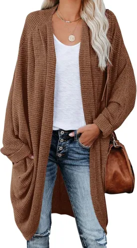 ZoeAce Womens Open Front Knit Cardigan Long Batwing Sleeve Oversized Sweater Chunky Waffle Cable Boho Pockets Coat