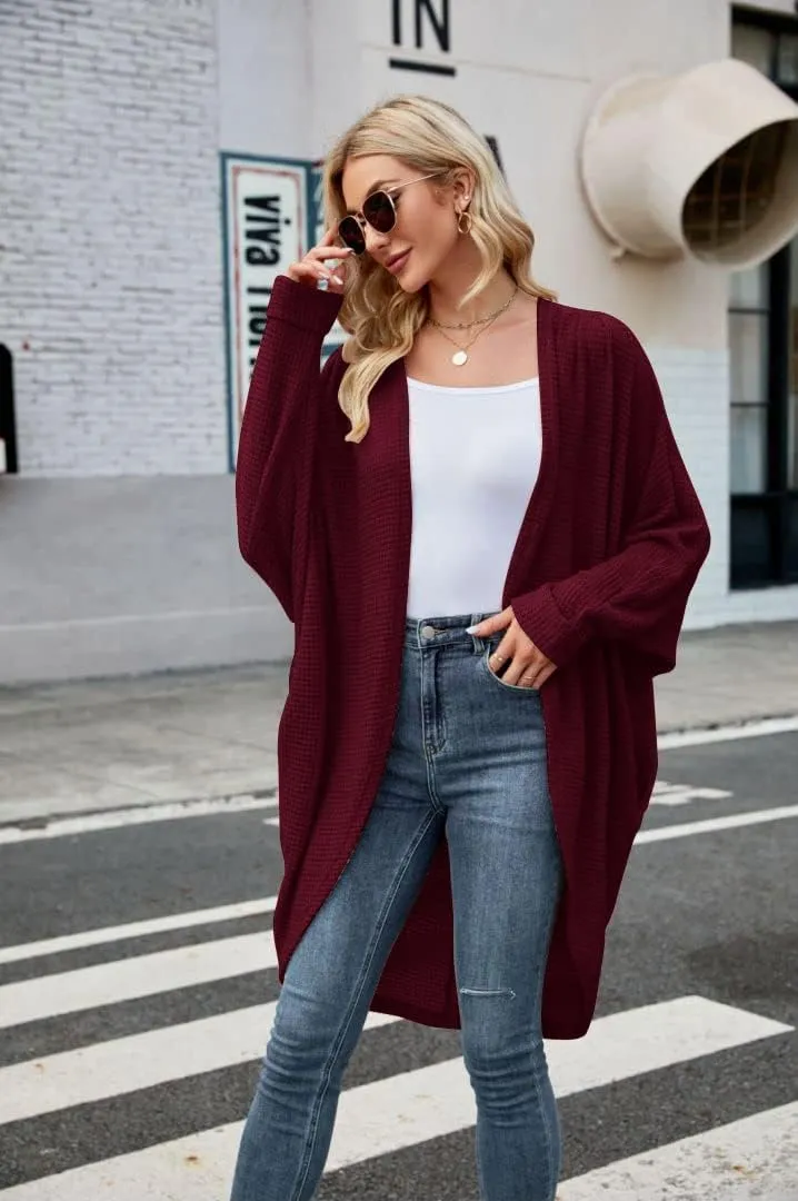 ZoeAce Womens Open Front Knit Cardigan Long Batwing Sleeve Oversized Sweater Chunky Waffle Cable Boho Pockets Coat