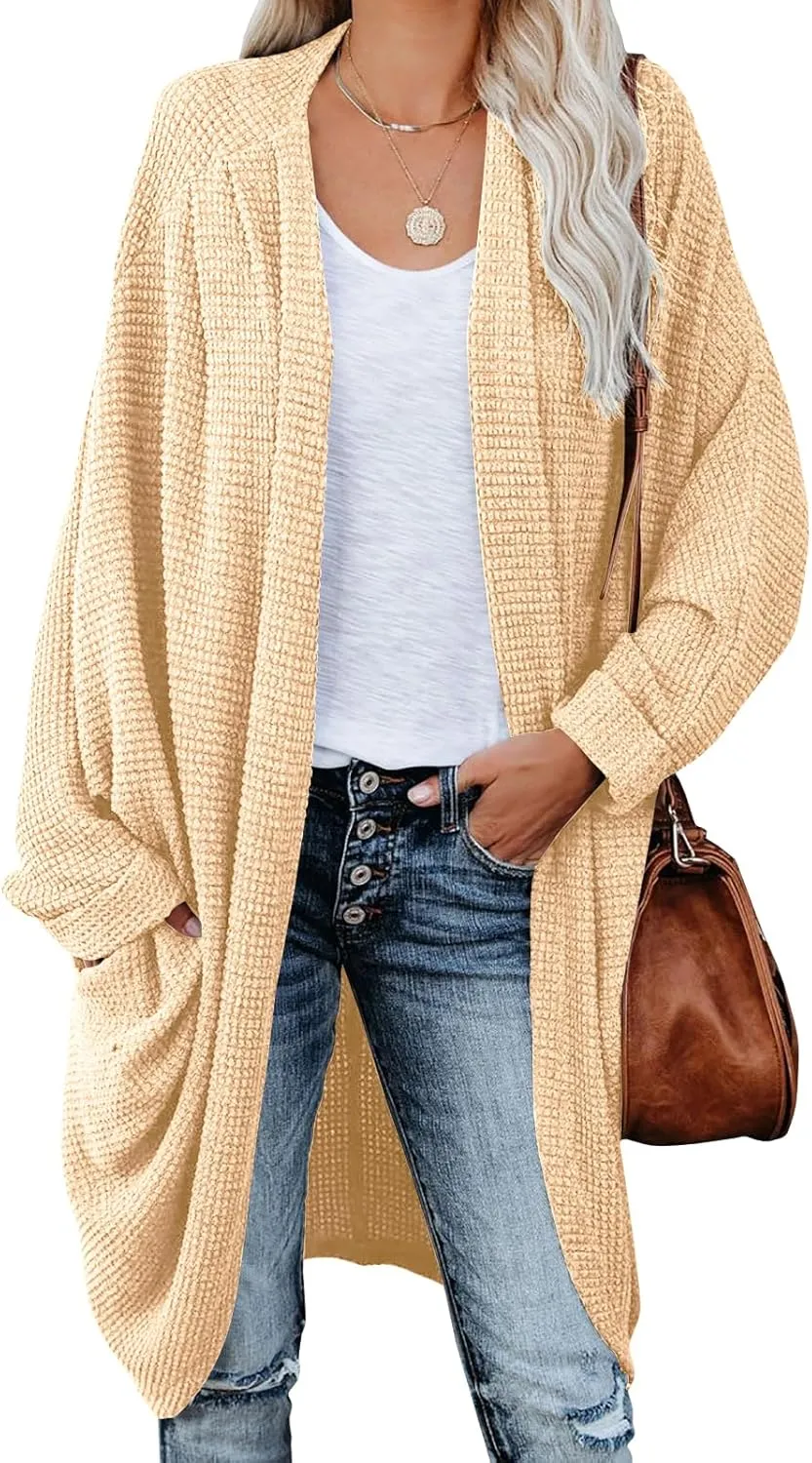 ZoeAce Womens Open Front Knit Cardigan Long Batwing Sleeve Oversized Sweater Chunky Waffle Cable Boho Pockets Coat