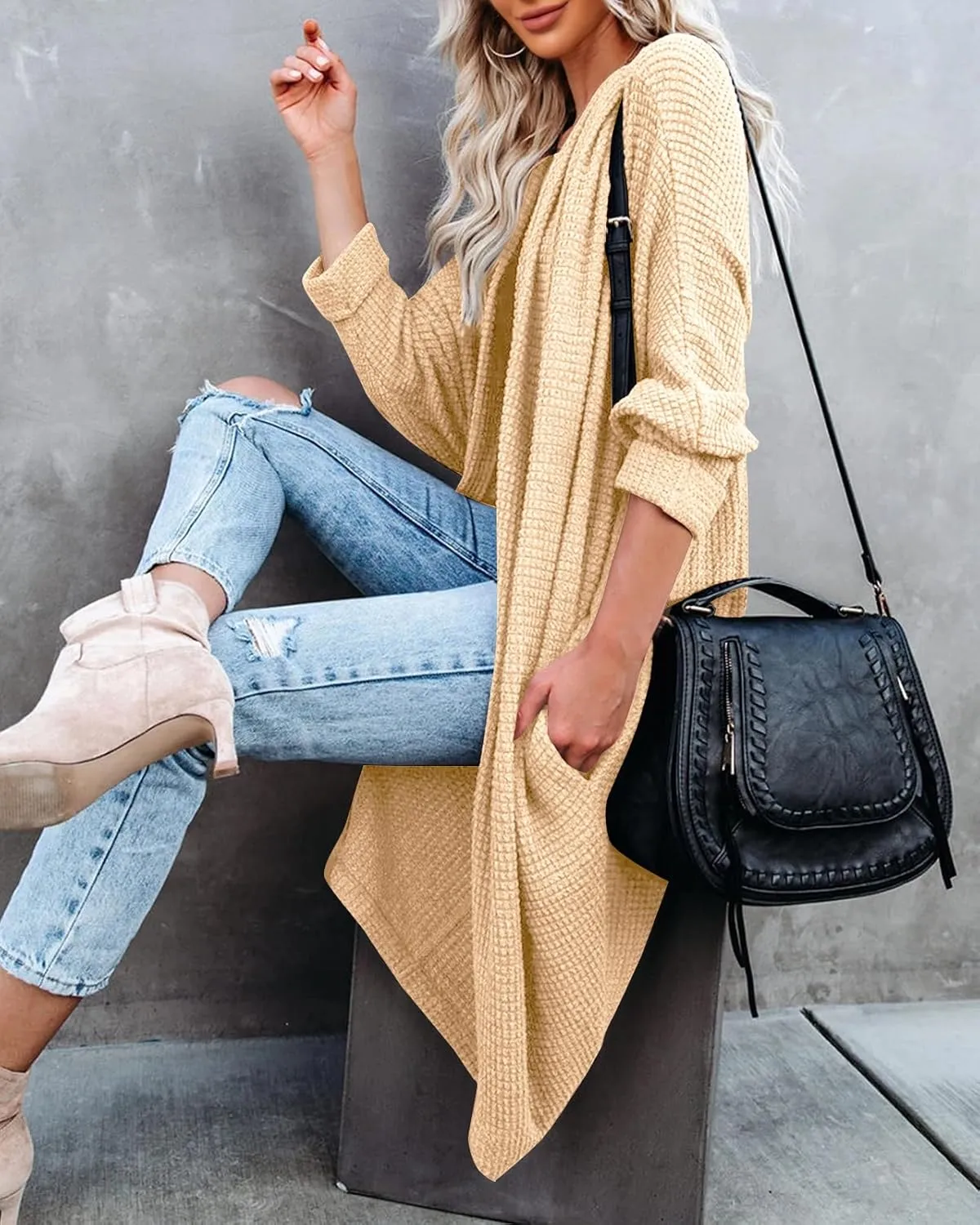 ZoeAce Womens Open Front Knit Cardigan Long Batwing Sleeve Oversized Sweater Chunky Waffle Cable Boho Pockets Coat