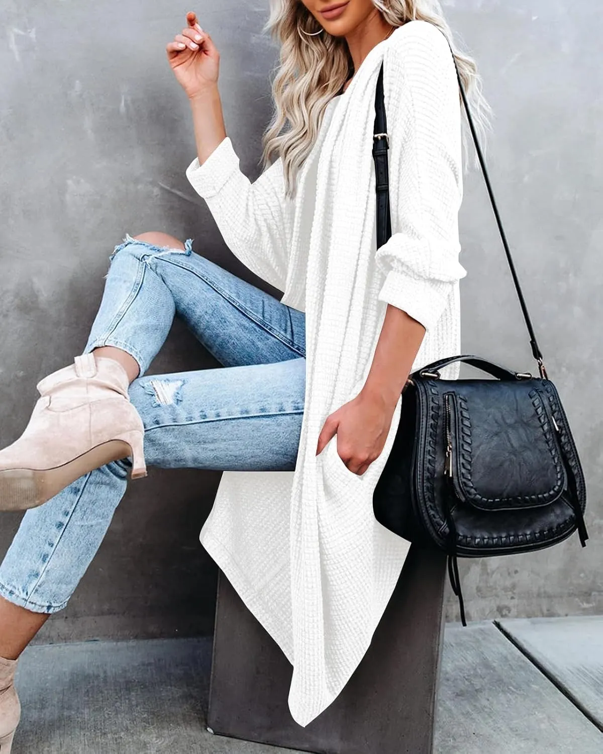 ZoeAce Womens Open Front Knit Cardigan Long Batwing Sleeve Oversized Sweater Chunky Waffle Cable Boho Pockets Coat