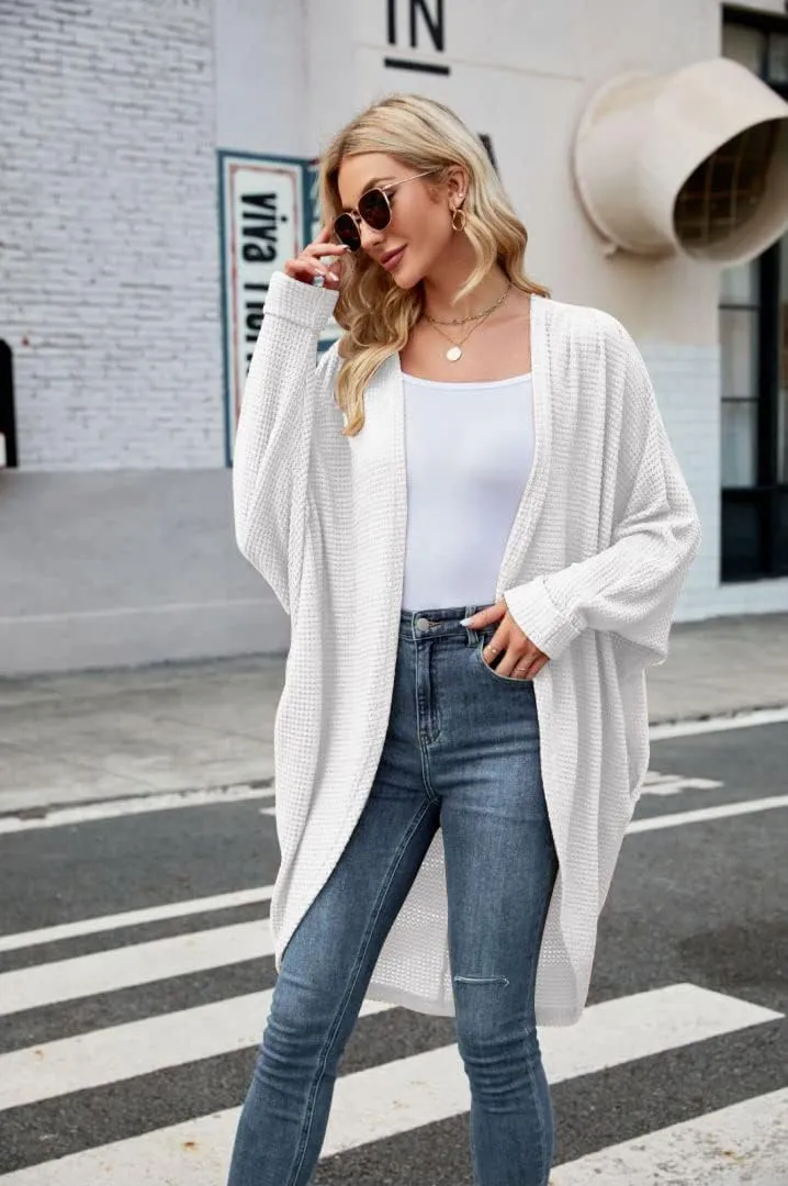 ZoeAce Womens Open Front Knit Cardigan Long Batwing Sleeve Oversized Sweater Chunky Waffle Cable Boho Pockets Coat