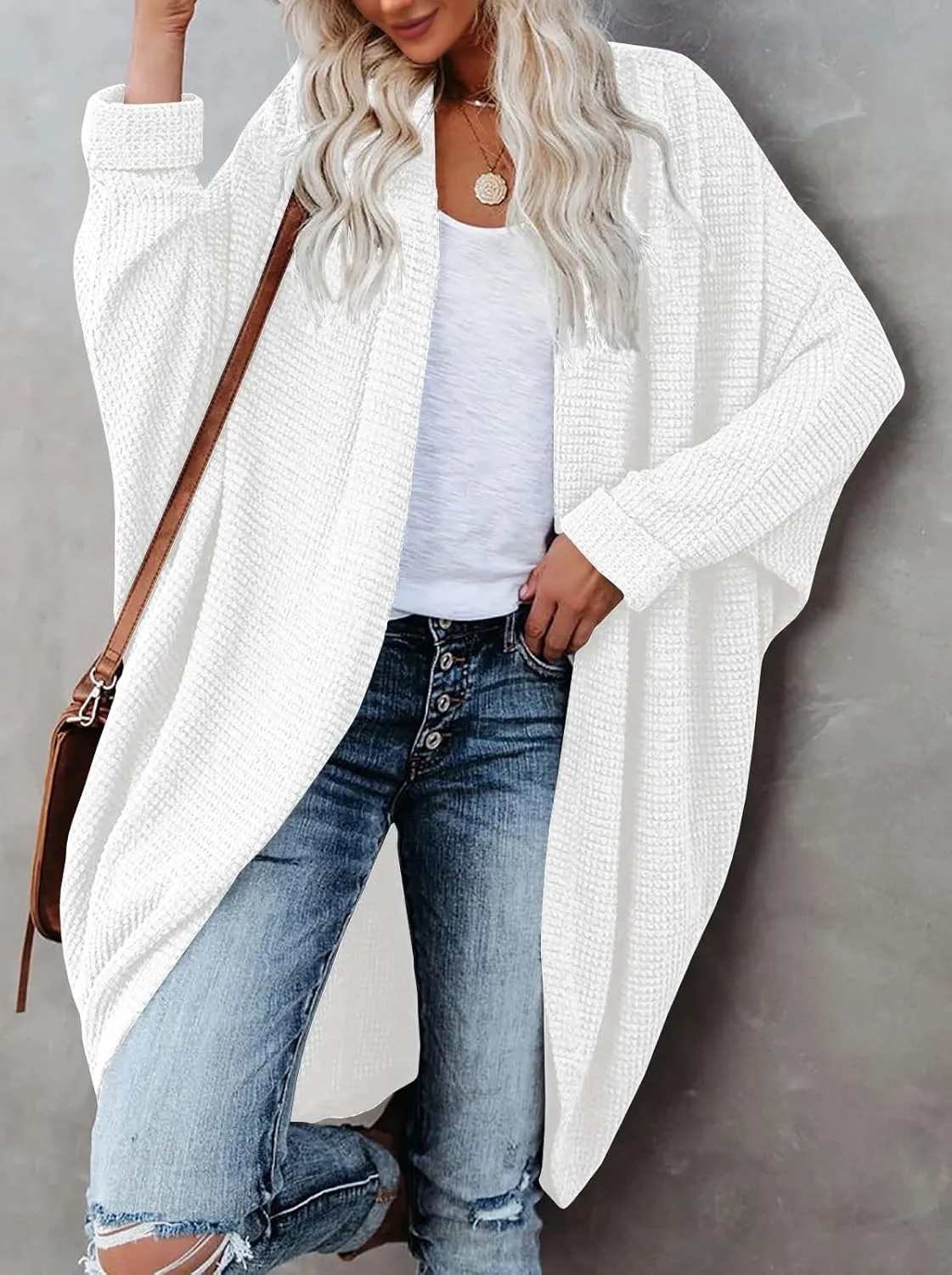 ZoeAce Womens Open Front Knit Cardigan Long Batwing Sleeve Oversized Sweater Chunky Waffle Cable Boho Pockets Coat
