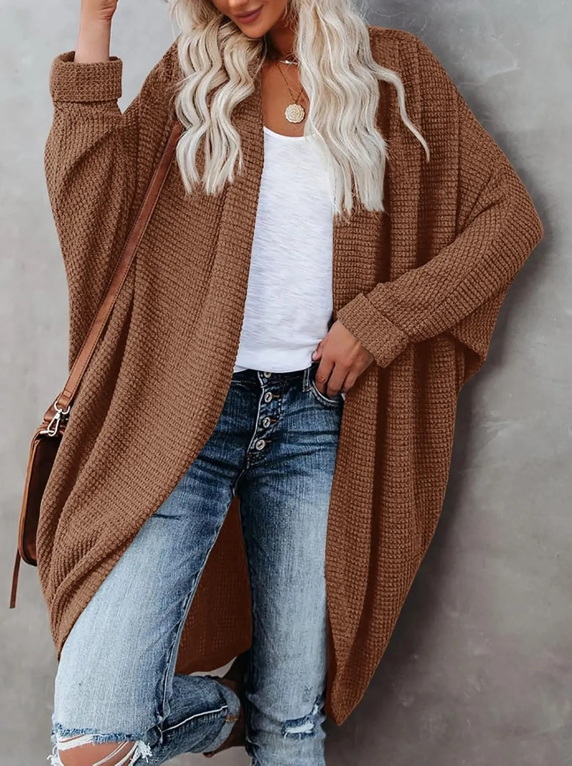 ZoeAce Womens Open Front Knit Cardigan Long Batwing Sleeve Oversized Sweater Chunky Waffle Cable Boho Pockets Coat